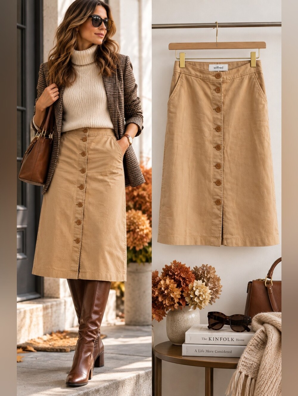 Wilfred Aritzia Cotton Button Front Midi Skirt Camel Tan Size 8